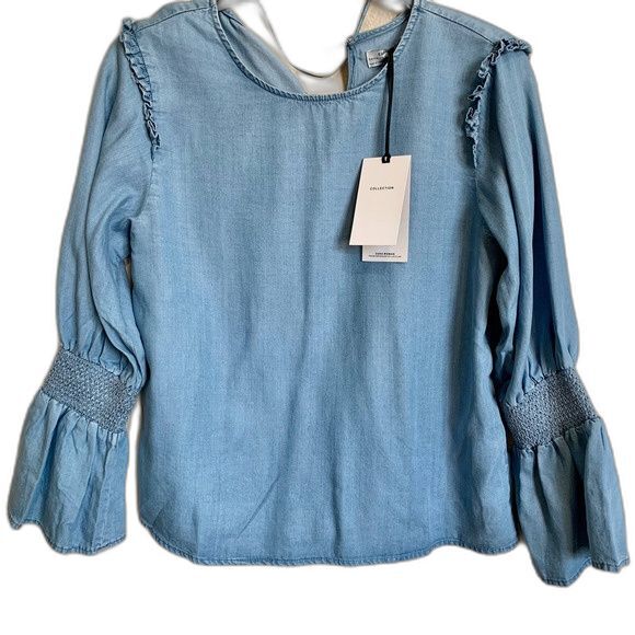 Zara Woman Blue top Premium Denim Collection Small Chambray Bell Sleeve Top S - Picture 1 of 9